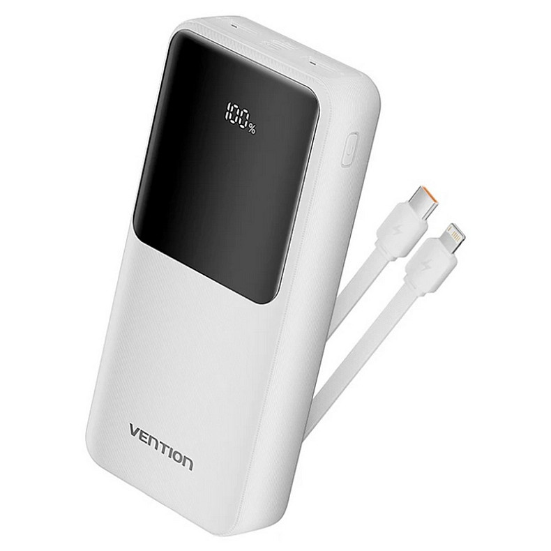 УМБ Vention 20000mAh 22.5W 3A PD Micro-USB,USB-C,2xUSB-A,Built-in USB-C+Lightning Cables White