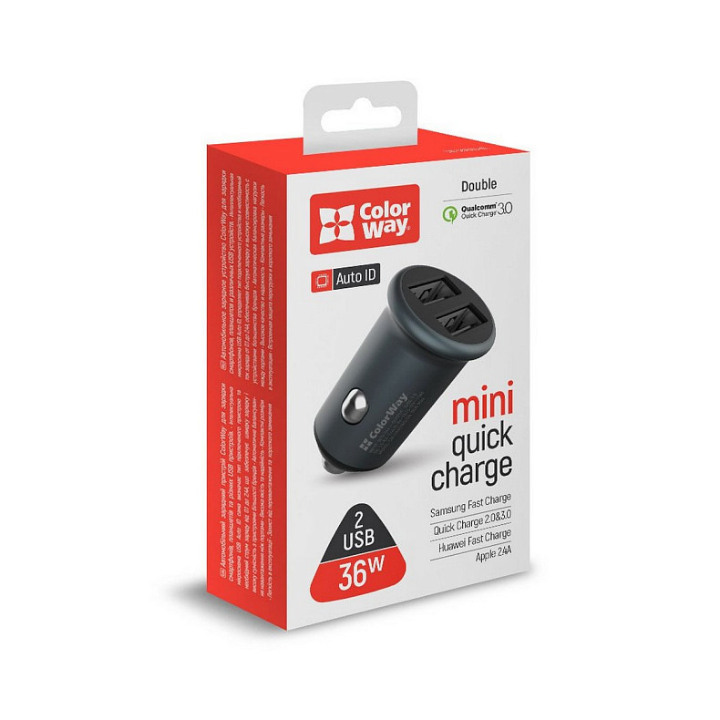 Автомобільний зарядний пристрій ColorWay (2USBx2.4A, 36W) Quick Charge 3.0 Gray (CW-CHA036Q-GR)