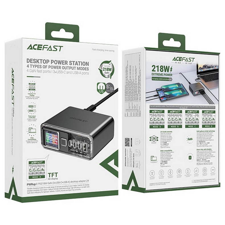 Зарядний пристрій 4xUSB 218W (3xUSB-C + USB-A) Gan Z4 Fast Charger Acefast