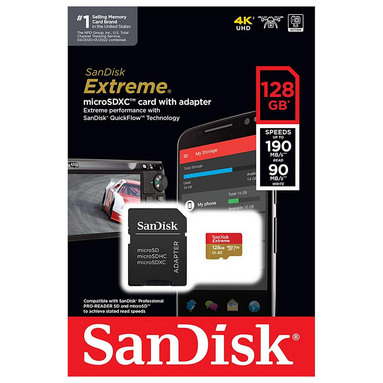 Карта памяти SanDisk microSD 128GB C10 UHS-I U3 Extreme V30+SD