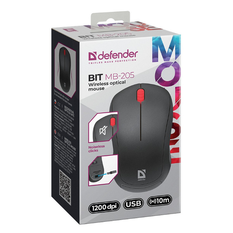 Мышь DEFENDER (52205) Bit MB-205, 3D, 1200dpi, BLACK, wireless, silent