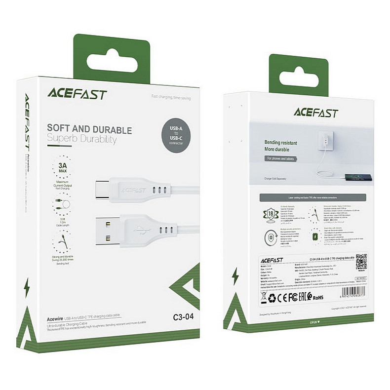 Кабель USB 2.0 USB-A to USB-C, 1,2 м, 3.0A, TPE C3-04 White Acefast