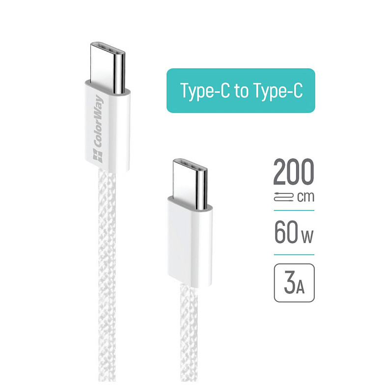 Кабель ColorWay USB Type-C - USB Type-C (M/M), 3.0 А, 2 м, Gray (CW-CBPDCC068-GR)
