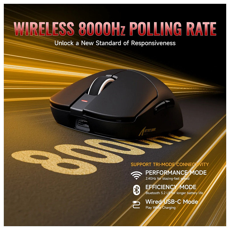 Мышка Attack Shark X8 ULTRA, Wireless/Bluetooth, 42000dpi. (PAW3950MAX), 6кн., Black