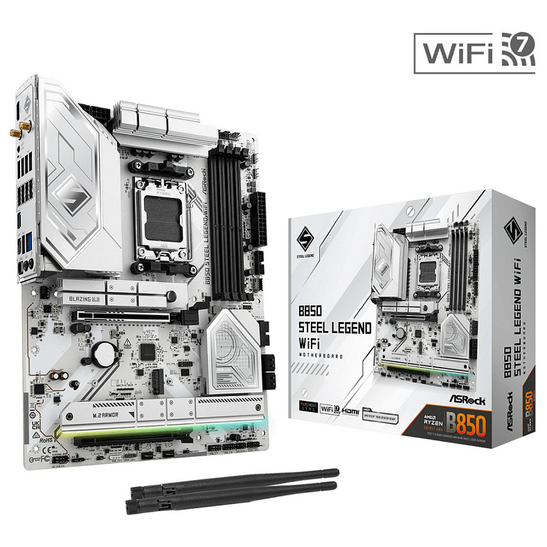 Материнская плата ASRock B850 Steel Legend WiFi (AM5/B850, 4*DDR5, 2xPCIex16, HDMI, 4xSATA, 4xM.2, 2.5GLan, ATX)