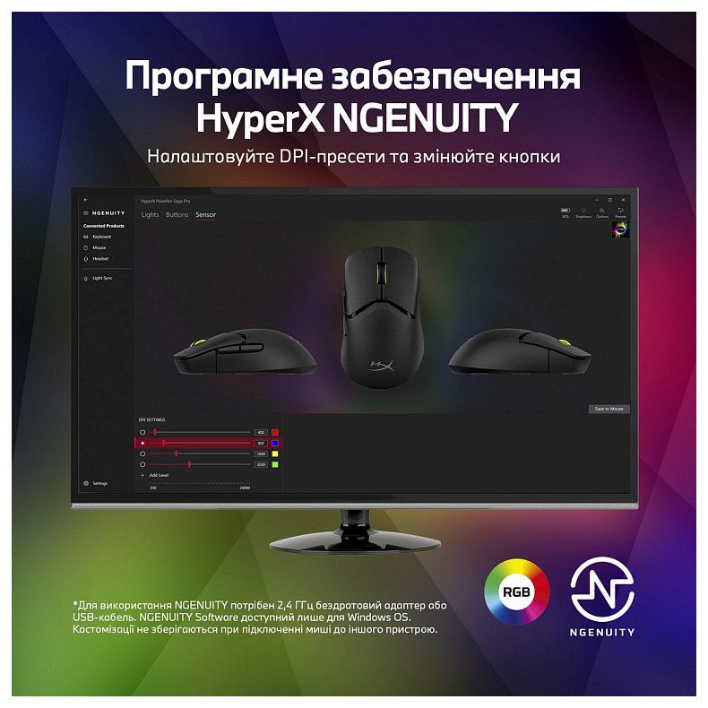 Миша HyperX Pulsefire SAGA PRO, RGB, USB-A/WL/BT, чорний