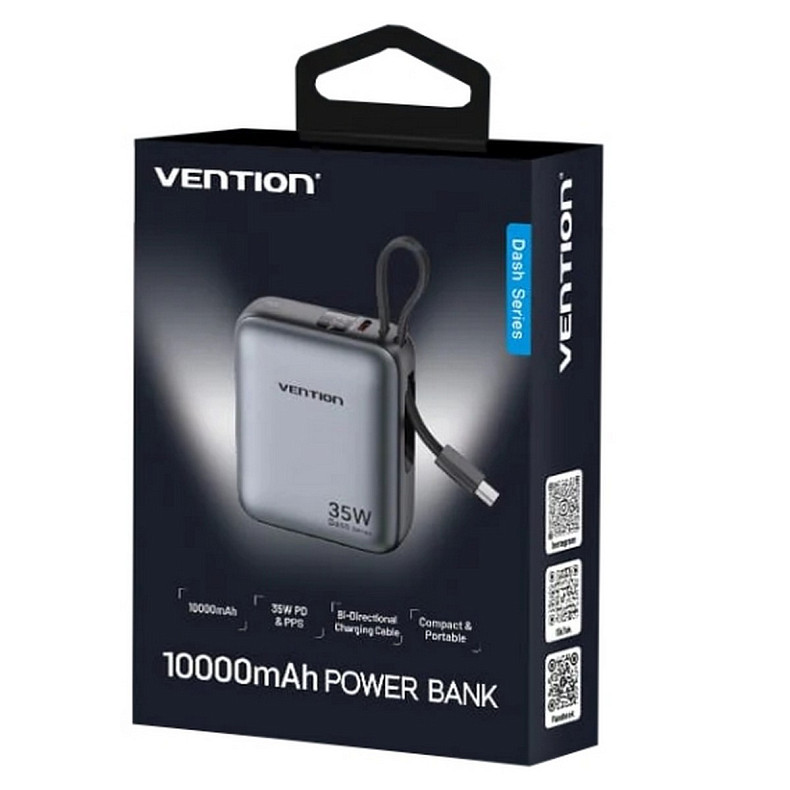 УМБ Vention 10000mAh 35W 3A PD,Fast Charging,1хType-C IN/OUT,Built-in USB-C Cable,LED Display,Gray