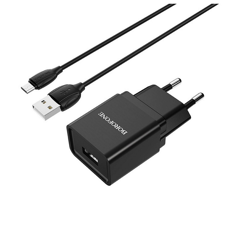 Зарядний пристрій Borofone BA19A Nimble (1USB, 1А) Black (BA19AMB) + кабель MicroUSB