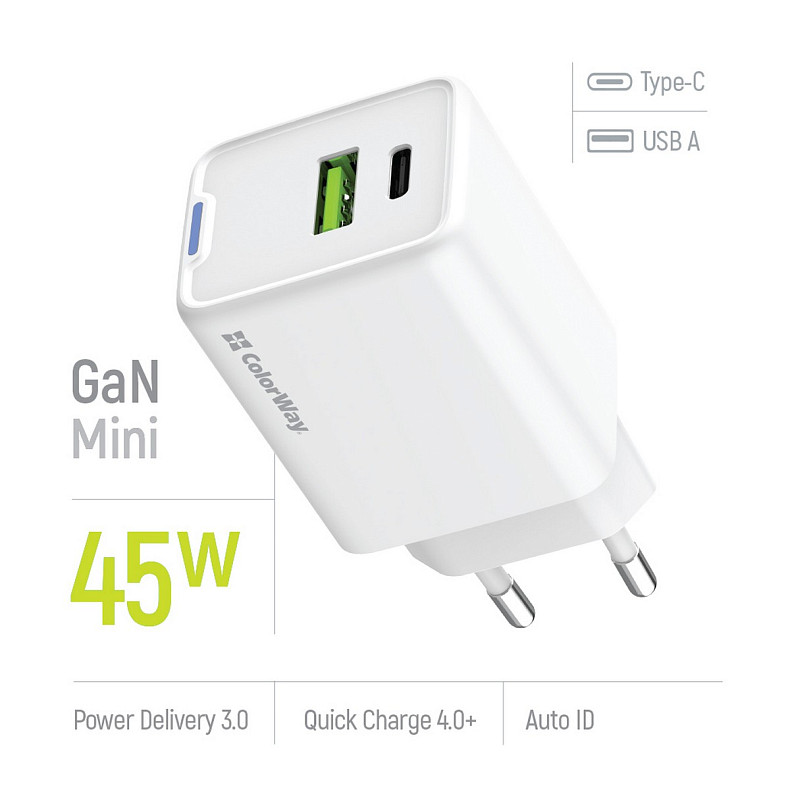 Сетевое зарядное устройство ColorWay GaN Mini 45W PD Port PPS USB (Type-C PD + USB QC4.0) White (CW-