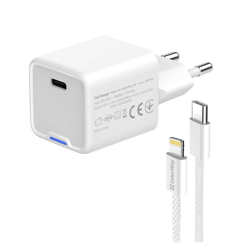 Сетевое зарядное устройство ColorWay GaN Mini 20W PD Port PPS USB-C White (CW-CHS059PDL-WT) + кабель