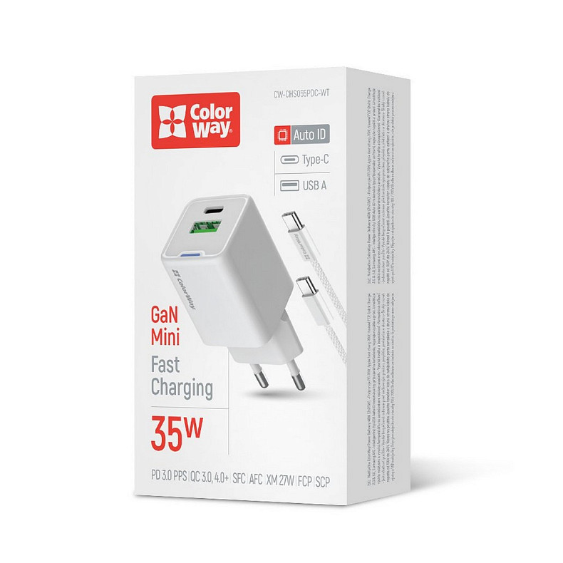 Сетевое зарядное устройство ColorWay GaN Mini 35W PD Port PPS USB (Type-C PD + USB QC4.0) White (CW-