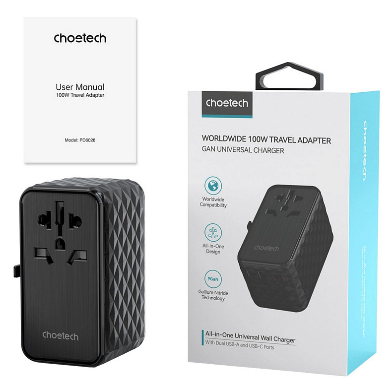 Зарядний пристрій 4xUSB 100W PD (2хUSB-C+2хUSB-A) сharger diamond model чорний Choetech