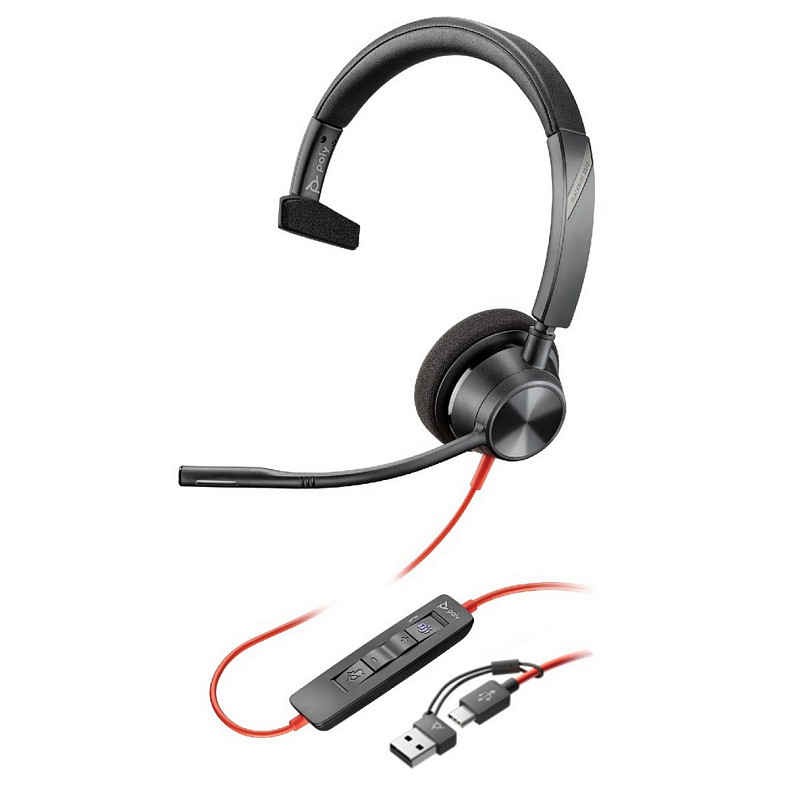 Компьютерная гарнитура моно On-ear Poly Blackwire 3310-M, USB-A, USB-C, всенаправленный, Microsoft Tea