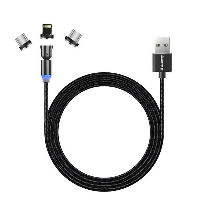 Кабель ColorWay USB-Lightning + microUSB + USB-C Magnetic Rotation 540 °, 2.4А, 1м, Black (CW-CBUU037