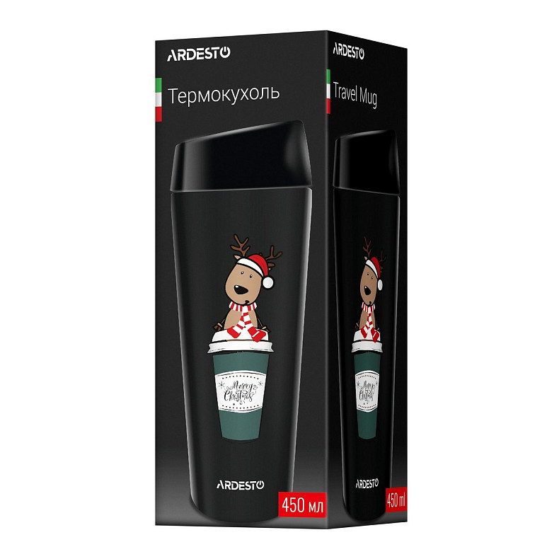 Термокружка Ardesto Coffee Time Christmas Reindeer 450мл, нержавеющая сталь, черная (AR2645RN)