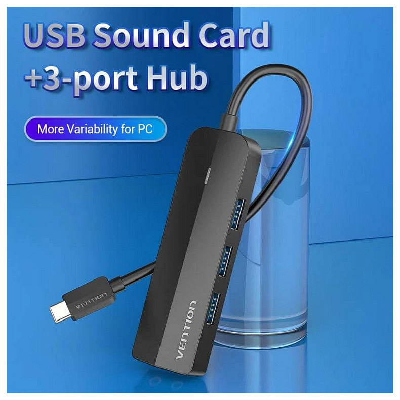 Хаб USB 3.1 Type-C -> 3xUSB 3.0+MicroUSB+3.5mm Sound Adapter чорний Vention