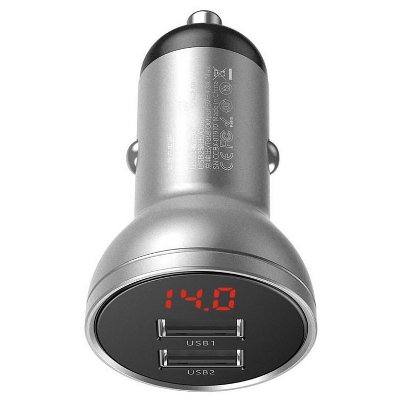 Автозарядка 2xUSB 24W (USB-A) QC 3.0 + Digital Display Серебряная Baseus