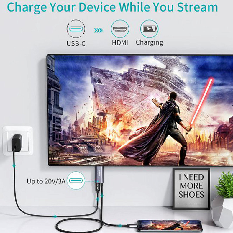 Кабель USB-C на HDMI, 4K 60 Гц, вход питания PD, 1.8м