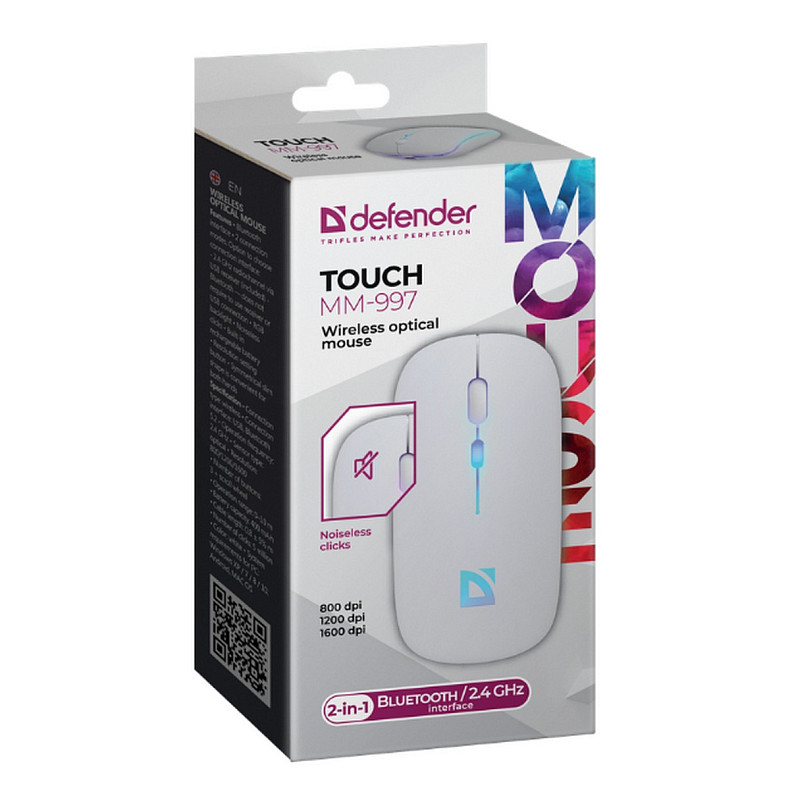 Мышь DEFENDER (52998) Touch MM-997, 2.4+BT, RGB, 500mAh, WHITE, Wireless, Silent