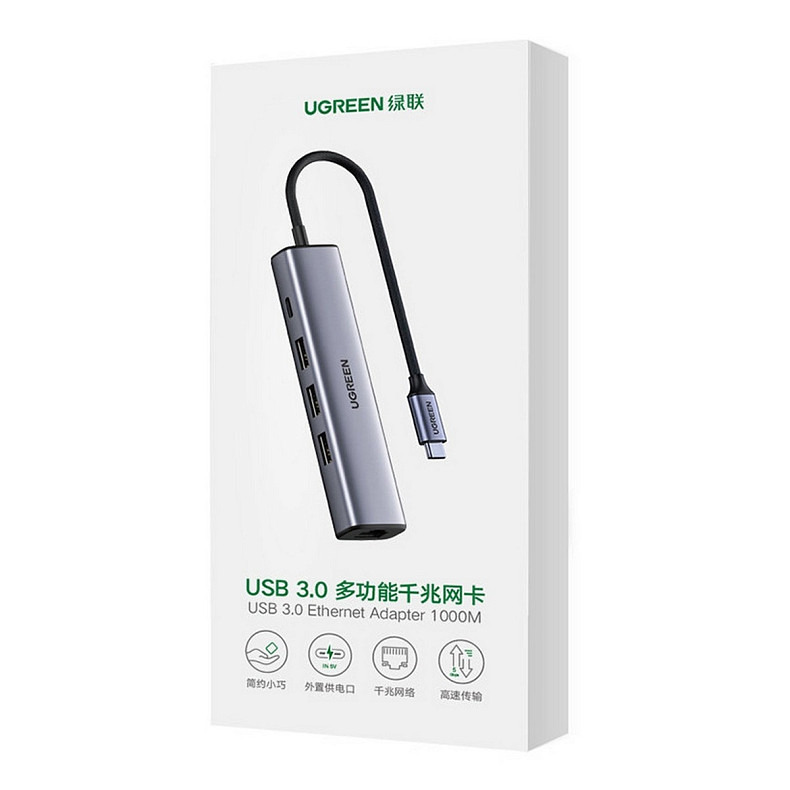 Хаб USB 3.0 Type-C -> 3xUSB 3.0 + RJ45 1000M CM475 Сірий UGREEN