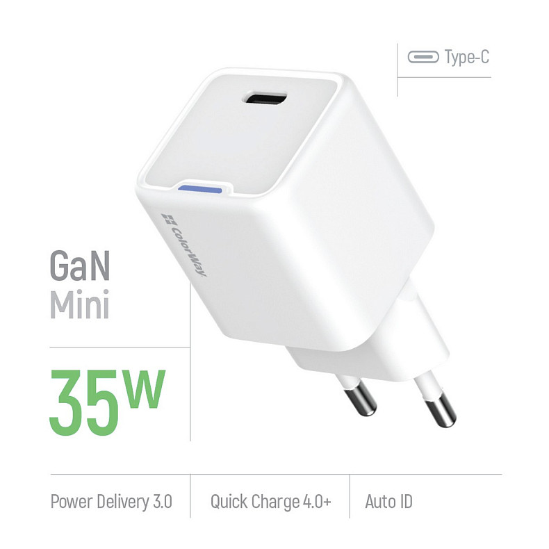 Сетевое зарядное устройство ColorWay GaN Mini 35W PD Port PPS USB-C White (CW-CHS056PD-WT)