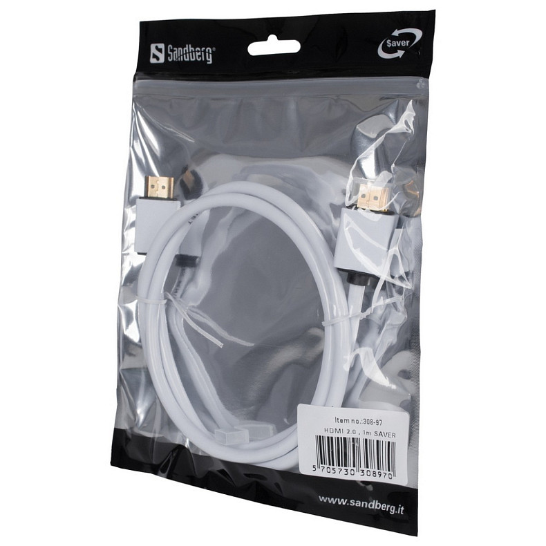 Кабель HDMI M-M, 1.0 м, Sandberg, HDMI-2.0 білий