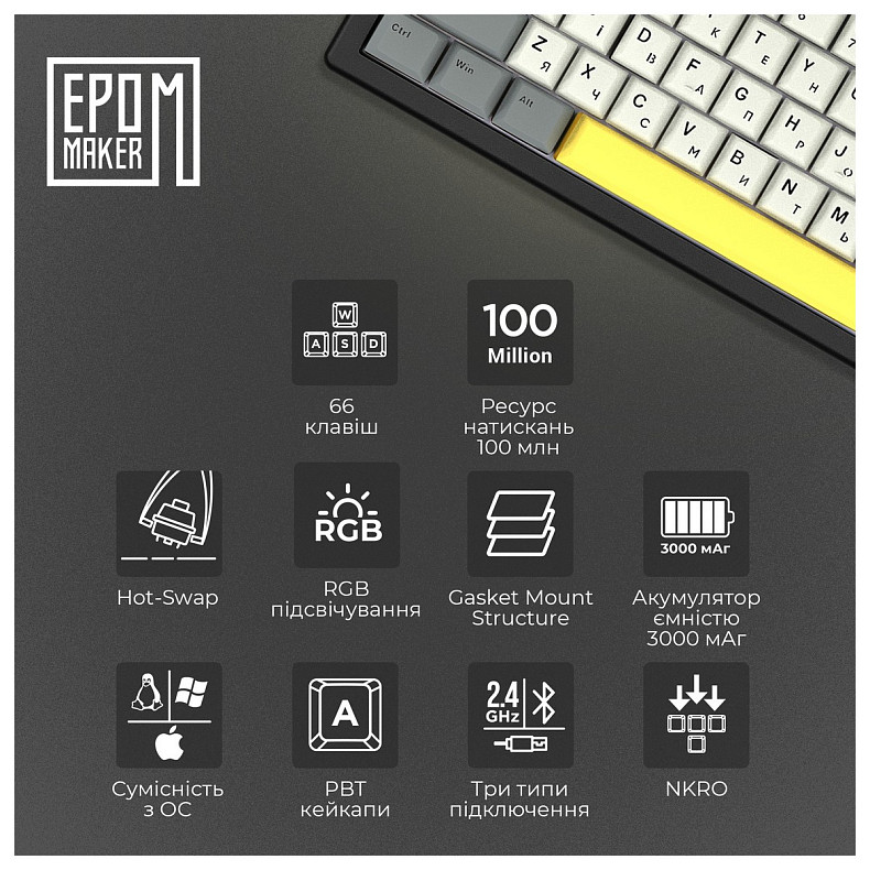 Клавіатура Epomaker EK68 65% Flamingo Switch Hot-Swap (2.4G/BT/USB) RGB UA Black (EK68-B-F)