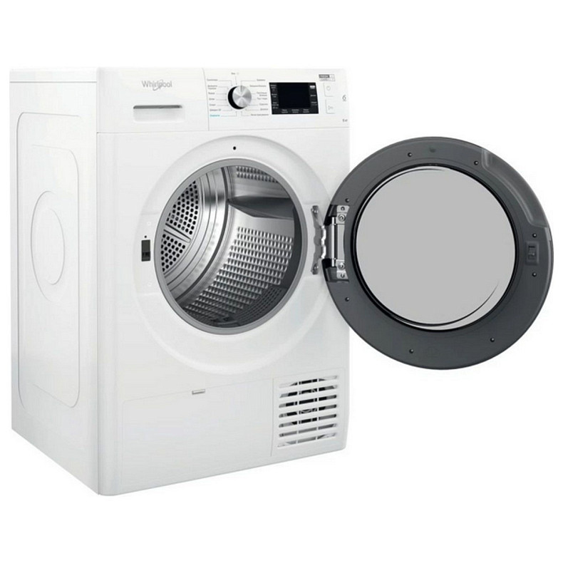 Сушильная машина Whirlpool тепловой насос, 9кг, A++, 65см, дисплей, черный люк, белый
