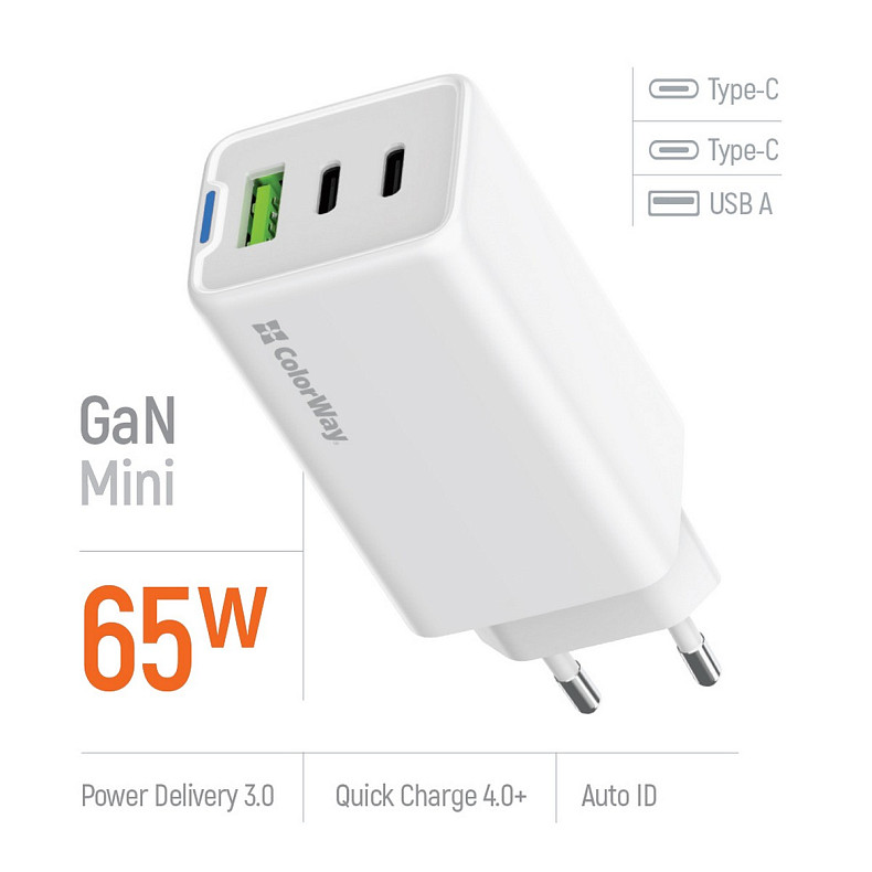 Сетевое зарядное устройство ColorWay GaN Mini 65W PD Port PPS USB (USB-2C1A) White (CW-CHS058PD-WT)