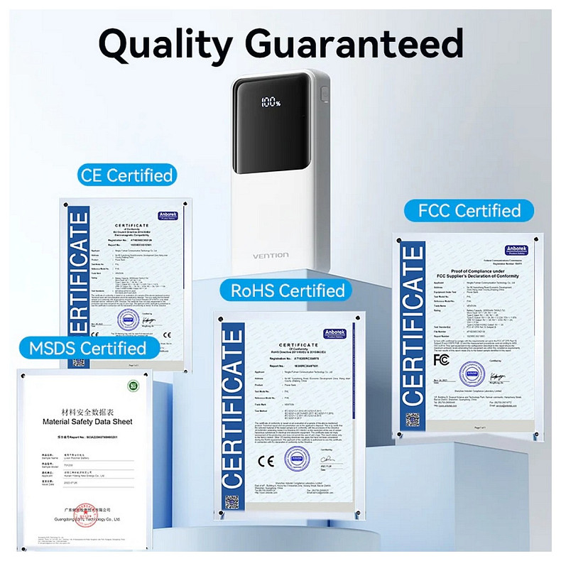 УМБ Vention 20000mAh 22.5W 3A PD Micro-USB,USB-C,2xUSB-A,Built-in USB-C+Lightning Cables White