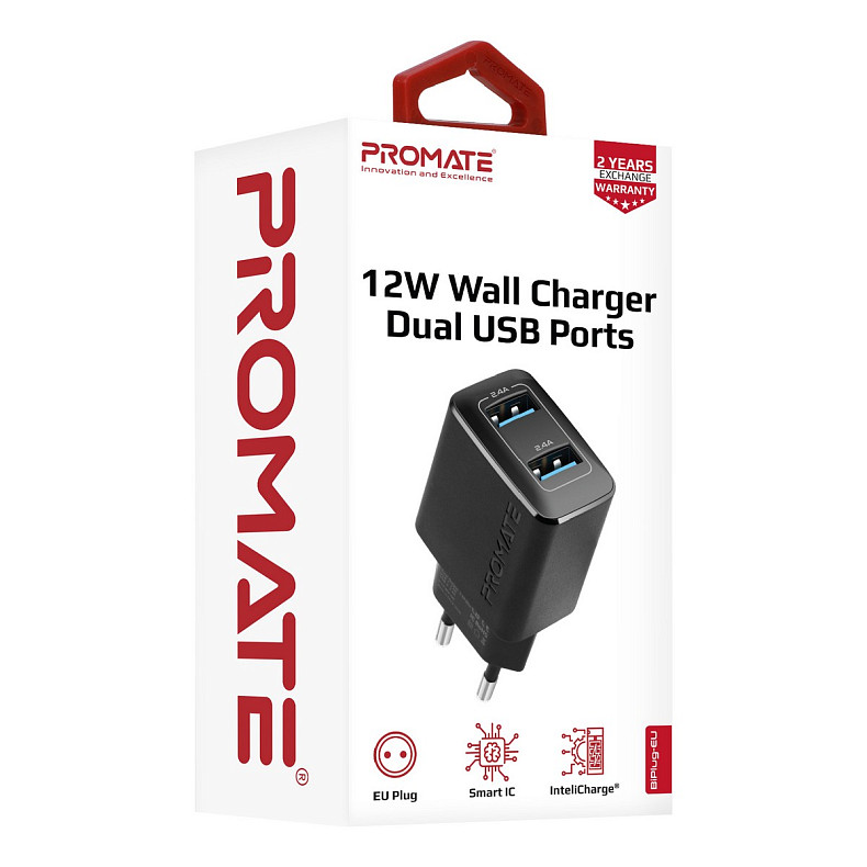 Зарядний пристрій Promate BiPlug 12W Black (biplug.black)