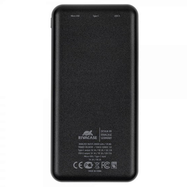 Универсальная мобильная батарея Rivacase RIVAPOWER VA2571 20000mAh QC/PD 18W Black