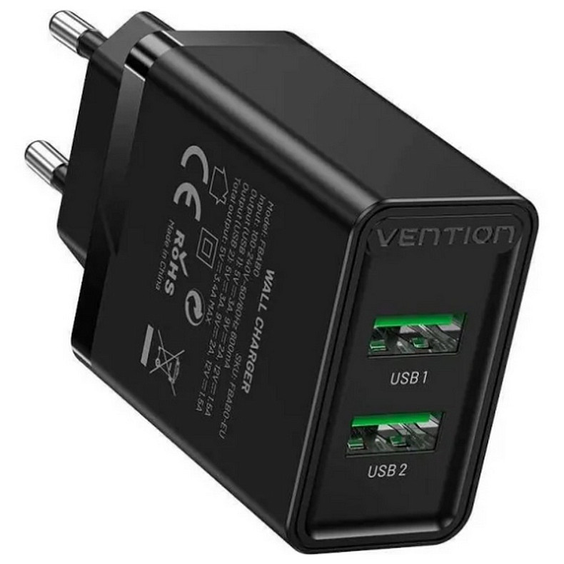 Зарядний пристрій Vention 2xUSB 36W (2xUSB-A) QC3.0 black