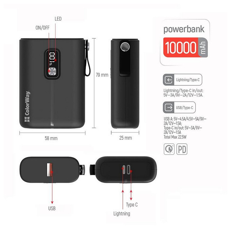 Універсальна мобільна батарея ColorWay Full Power 10000mAh Black (CW-PB100LPK2BK-PDD)