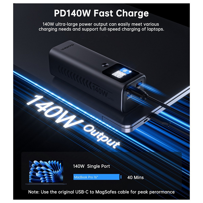 УМБ Choetech 27000mAh 140W IN/OUT, 2xUSB-C PD5.0 USB-A QC3.0 22W, Li-pol, TFT Display, black
