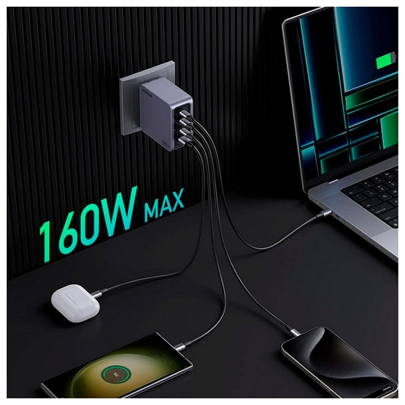 Зарядний пристрій Ugreen 4xUSB 160W (3xUSB-C + USB-A) Gan Nexode Pro сірий X763