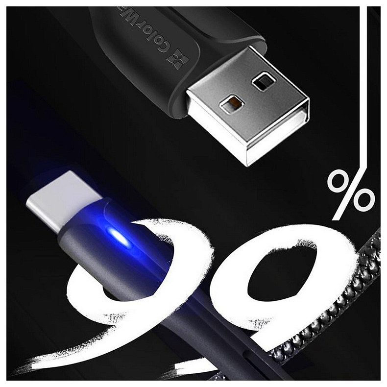 Кабель ColorWay USB-Type-C, 2.4А, 1м, PVC+Led, Black (CW-CBUC034-BK)
