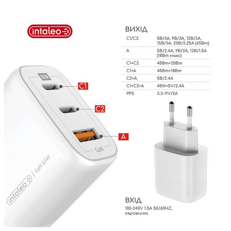 Мережевий зарядний пристрій Intaleo TCG65GAN 2USB-C PD+USB-A QC 3.0 White (1283126559525)