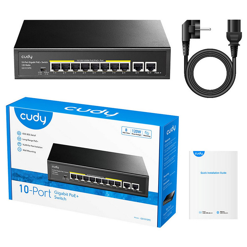 Комутатор Cudy GS1010PE, 8-Port Gigabit PoE+ Switch with 2 Gigabit Uplink Ports 120W