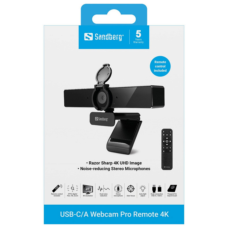 Веб-камера Sandberg 4K Webcam USB-A/USB-C connection, ENC, Remote control