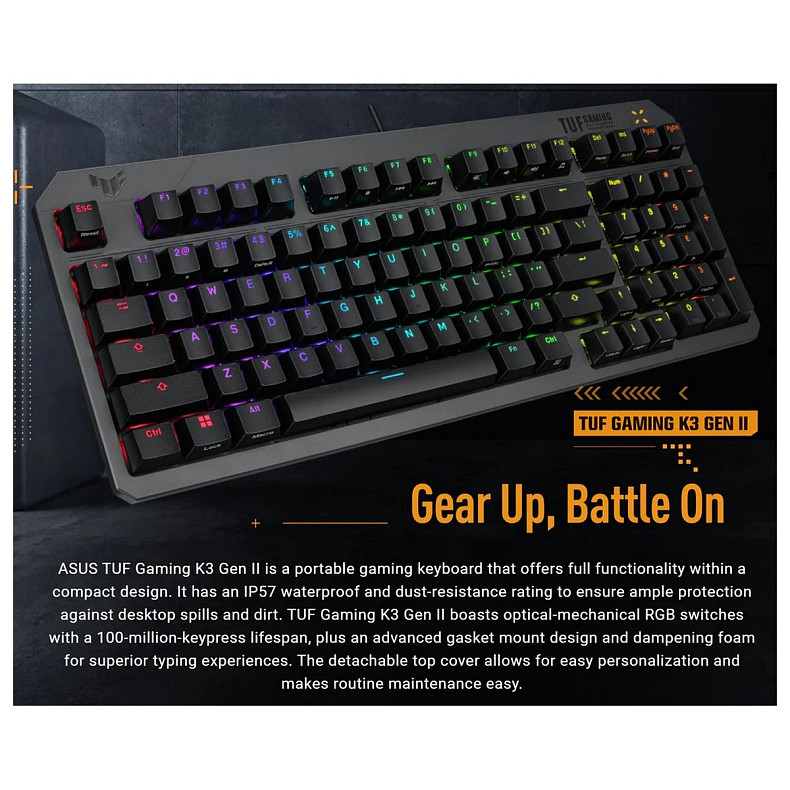 Клавіатура Asus TUF Gaming K3 Gen II Opti-Mech RGB 97key Switches ABS Black (90MP0390-BKMA00)