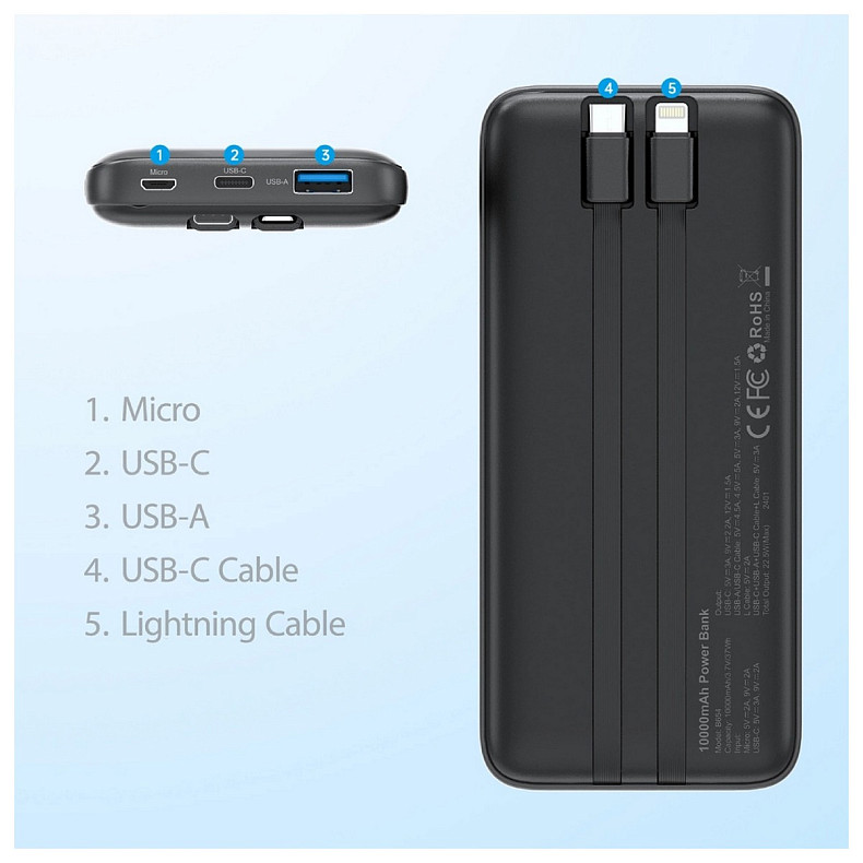 УМБ Choetech 10000mAh 22,5W Fast Charge MicroUsb,USB-A,USB-C,build-in USB-C/Lightning cable Black