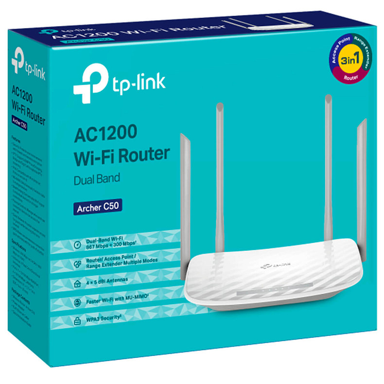 Wi-Fi Роутер TP-LINK Archer C50 (AC1200, 1*Wan, 4*LAN, 1*USB, 2 антени) (Archer C50)