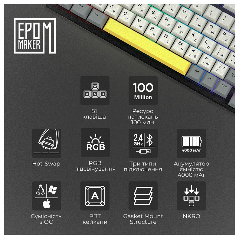 Клавиатура Epomaker TH80 SE 75% Flamingo Switch Hot-Swap (2.4G/BT/USB) RGB UA Black (TH80-SE-B-F)