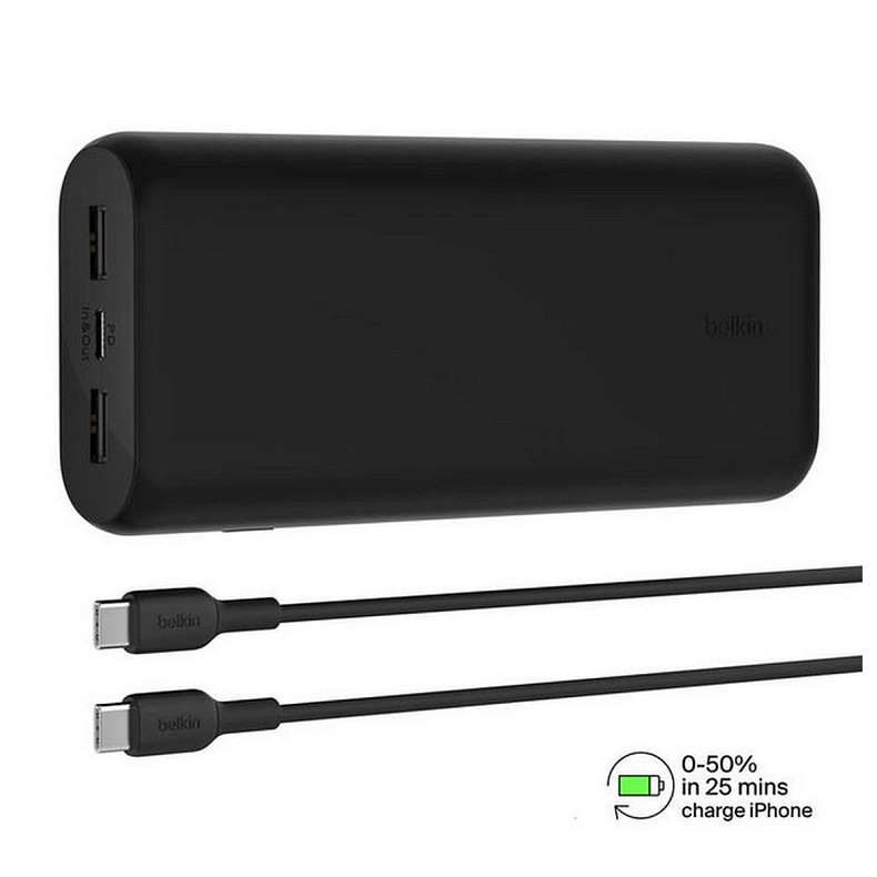 Універсальна мобільна батарея Power Bank Belkin 20000мА·год, 20Вт, 2хUSB-A/USB-C, чорний