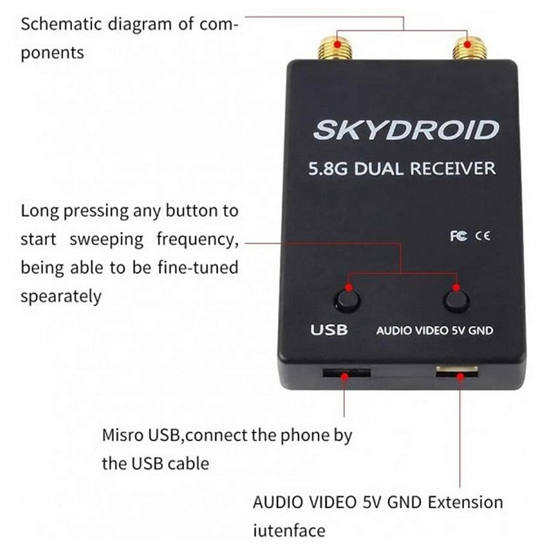 Приемник FPV радио сигнала Skydroid 5.8G для Android Dual Black (1005005930052108DB)