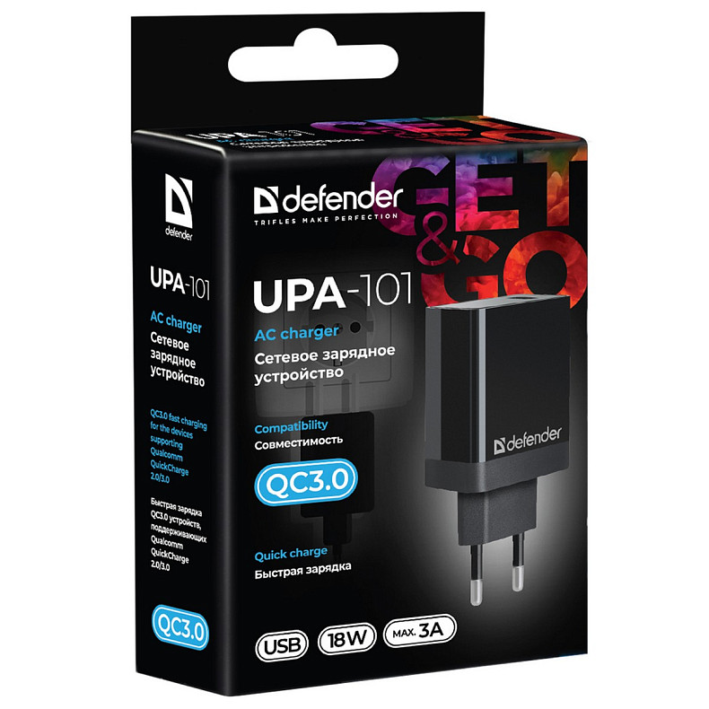 Зарядний пристрій 1xUSB 18W 2.1А  QC 3.0 UPA-101 чорний Defender