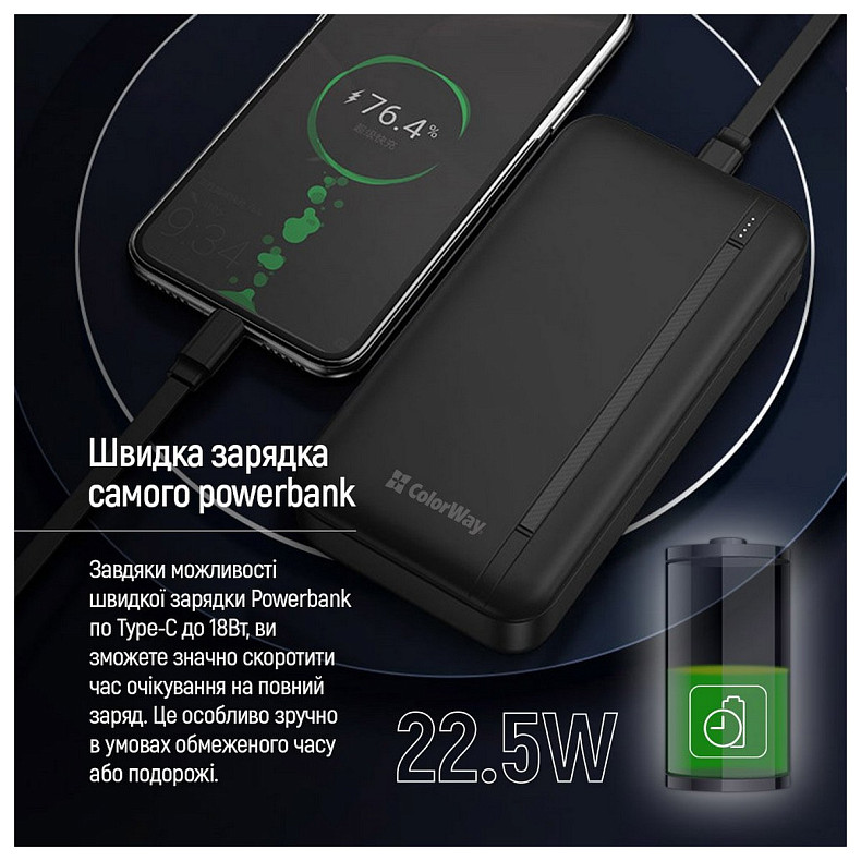 Универсальная мобильная батарея ColorWay Portable Charger 20000mAh Black (CW-PB200LPB4BK-PD)