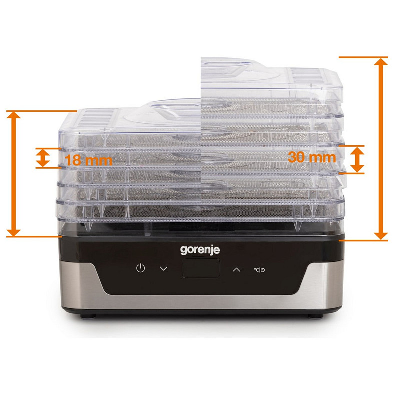 Сушарка для продуктів Gorenje 230Вт, піддонів - 5x2.8см, діаметр - 29см, макс - 75°С, електр.упр,біл