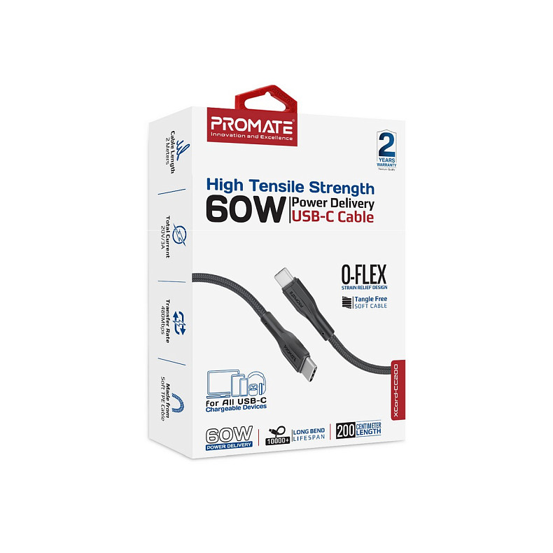 Кабель Promate xCord-CC200 Type-C USB - USB Type-C (M/M), 2 м, Black (xcord-cc200.black)